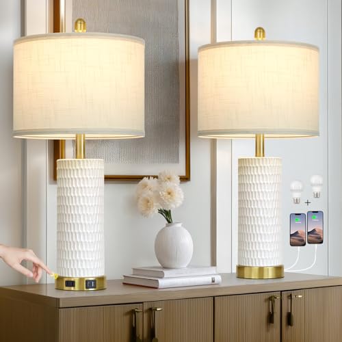 White Ceramic 3-Way Dimmable Touch Table Lamp Set of 2 - Rustic Farmhouse Nightstand with USB & Outlets - Variation White-1