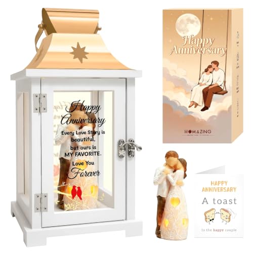 Anniversary Lantern Gift for Couples and Parents - Romantic LED Candle, 12.6x6.3 Inches, Rose Gold & Wood