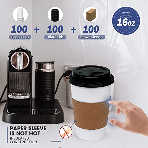 Ginkgo 16 oz Disposable Coffee Cups with Lids & Sleeves - 100 Pack
