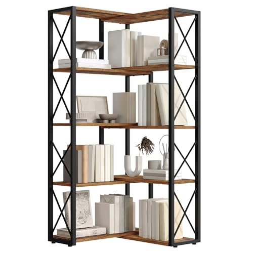 Corner Bookshelf with 5 Shelves - Industrial L-Shaped Storage Rack for Living Room & Office