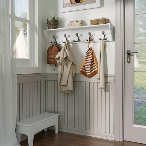 White Wall Shelf with Hooks - 35-Inch Coat Rack & Organizer with 5 Tri Hooks