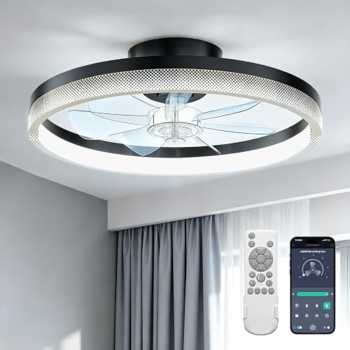 AKOFUN 18'' Black Dots Ceiling Fan with Lights & Remote, Dimmable LED, Low Profile Flush Mount