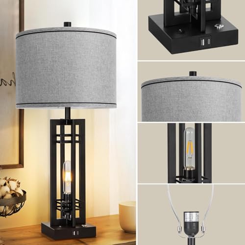 Vikdio 27-Inch Farmhouse Table Lamps Set of 2 with Gray Round Shade & Touch Control