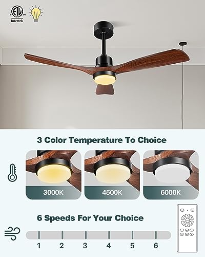 52 Inch Ceiling Fan with Lights and Remote - Black & Walnut Wood Blades
