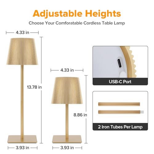 Cordless Table Lamp with 6000mAh Battery, Adjustable Heights & Dimmable Light - Gold