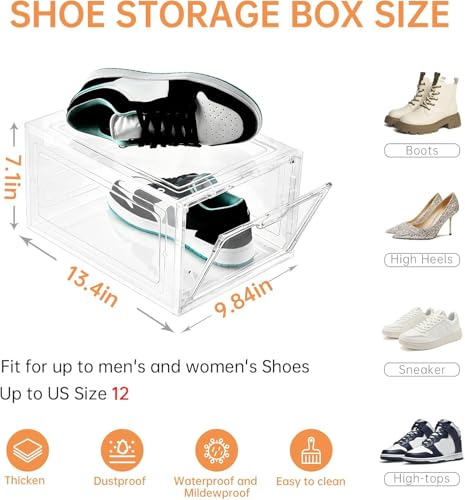 Clear Shoe Storage Box 6 Pack with Magnetic Door - Stackable Shoe Organizer for Sneakers, Fits US Size 12 - INSTY