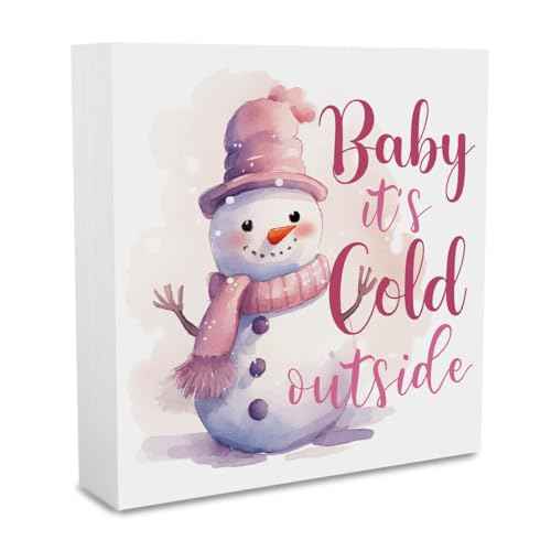 Baby It's Cold Outside Pink Winter Decor - Snowman Decor, Winter Christmas Sign, 5 x 5 Inches