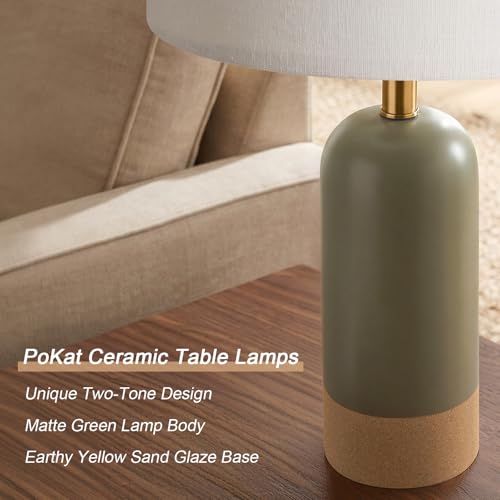 PoKat 24-Inch Hand-Textured Green & Earthy Yellow Ceramic Farmhouse Bedside Lamps Set of 2 - Matte Finish
