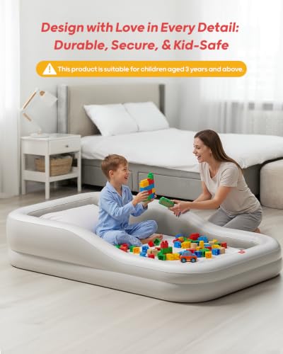 QPAU Inflatable Toddler Travel Bed with 3-Sided Bumpers, Extra Large Gray