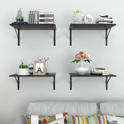Housiture Black Floating Wall Shelves Set of 4 - 12 Inch Deep, Easy Install for Bathroom, Bedroom, Kitchen, Living Room