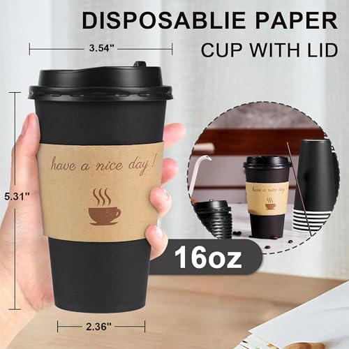 Clawsoff 100 Pack 16 oz Disposable Coffee Cups with Black Lids & Sleeves