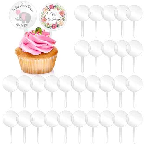 30 Pack Blank Acrylic Cupcake Toppers 2 Inch Round Clear Custom Cupcake Toppers Personalized Dessert Cake Topper Sticks for Birthday Wedding Christmas Baby Shower Party Cake Decoration