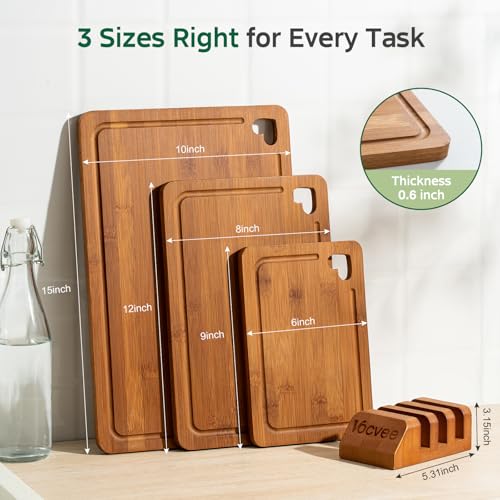 Bamboo Cutting Boards Set of 3 with Storage Stand - Reversible Chopping & Charcuterie Boards for Kitchen