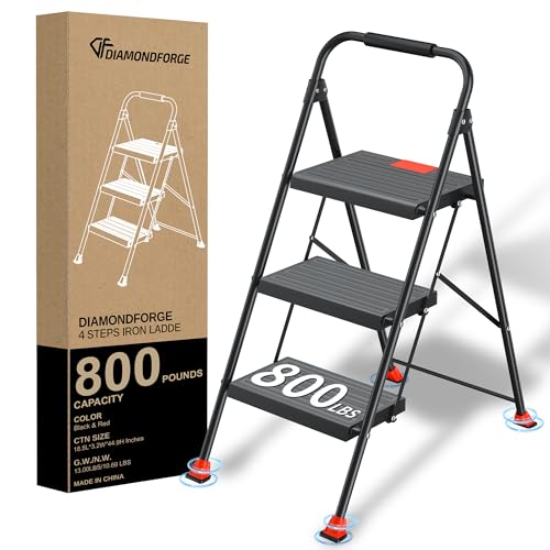 DiamondForge Red 3-Step Foldable Ladder Stool Heavy Duty for Home Kitchen