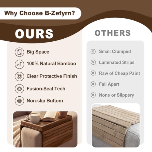 Foldable Bamboo Couch Arm Tray - Dark Brown, Extra Large Storage Shelf