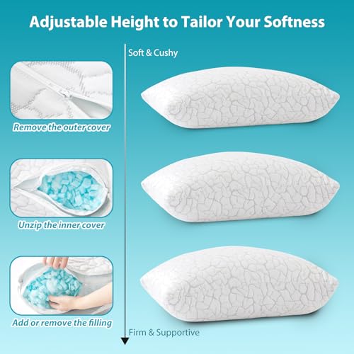 WGAKCED Queen Size Cooling Pillow Set of 2 - Adjustable Memory Foam Bed Pillows