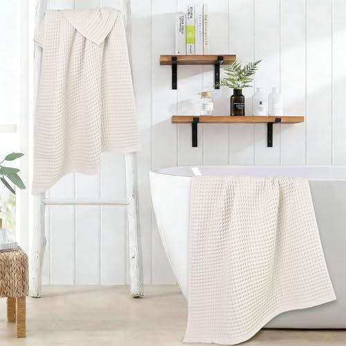 Jacquotha Mist White Waffle Cotton Bath Towels Set of 2 - Quick Dry, Large, Low Lint