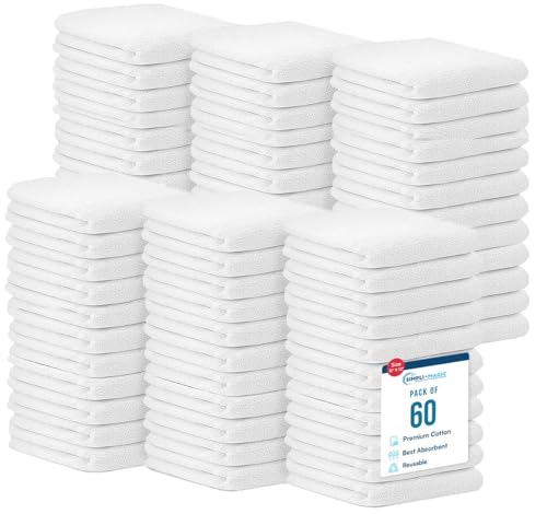 Simpli-Magic 17x14 White Cotton Terry Towels 60 Pack - Highly Absorbent Cleaning Rags