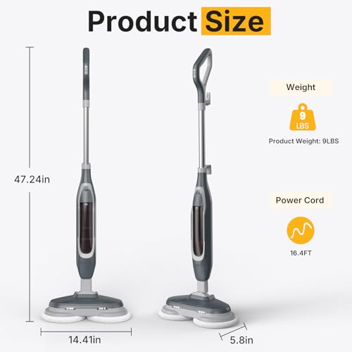 NEWBULIG Modern Grey Spin Steam Mop with 4 Cleaning Modes, LED Headlights & Large Water Tank - 14.4" x 6.6" x 47.2"