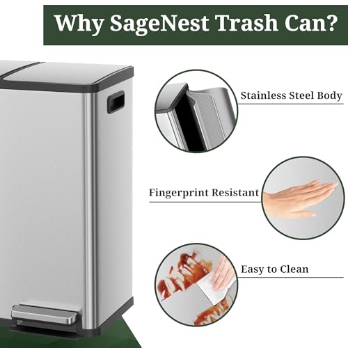 SageNest 16-Gallon Step-On Dual Compartment Stainless Steel Trash Can - Silver
