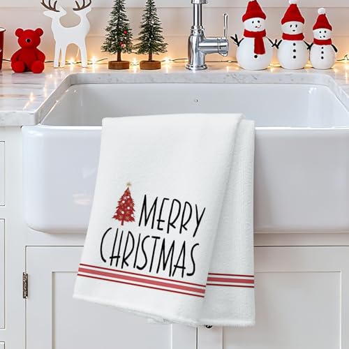 OTOSTAR Christmas Kitchen Towels Set of 2 18x26 Inch Red Tree & Snowflakes Holiday Decor