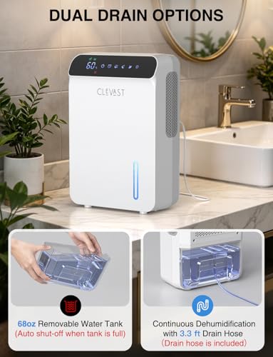 CLEVAST 2L Quiet Dehumidifier for Bedroom & Bathroom, 500 sq.ft, with Drain Hose