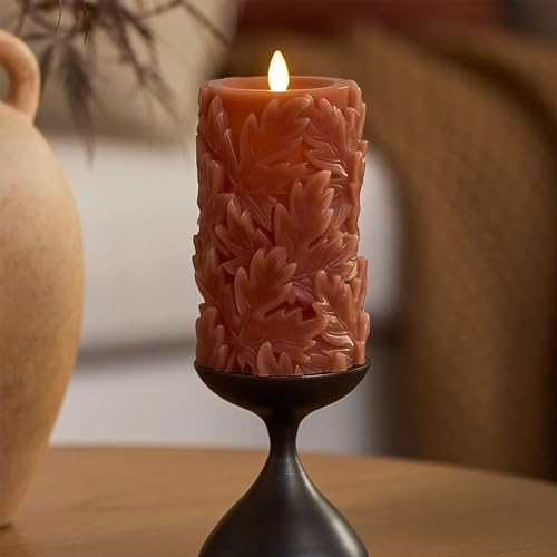 Caramel Cafe Flameless Pillar Candle 3.5x6.5 Inch Embossed Leaves Autumn Decor with Timer