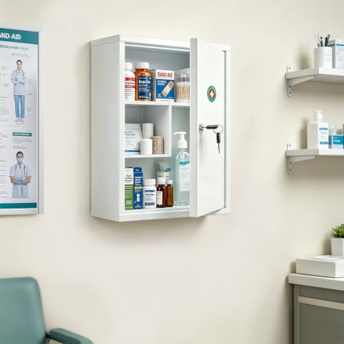 KYODOLED Rectangular Wall Mount Locking Medicine Cabinet with Keys, 15.75 Inch, White