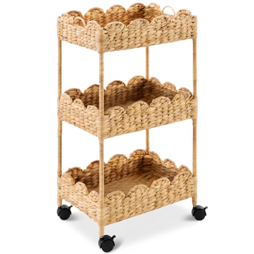 Natural 3-Tier Scalloped Nursery Caddy with Wheels - Handwoven Water Hyacinth Storage Cart