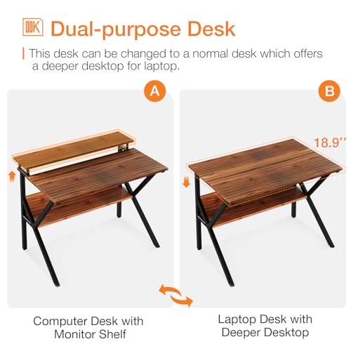 ODK 27.5 Inch Small Desk with Storage & Monitor Stand, Deep Brown