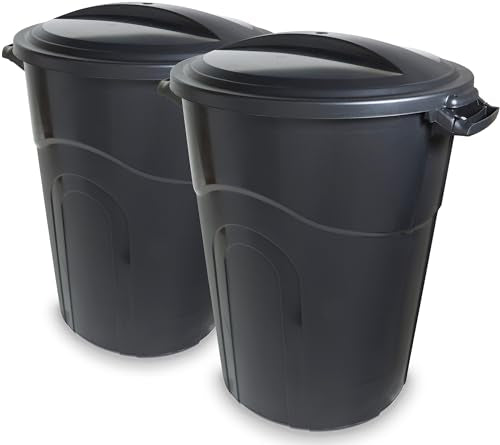 Outdoor 32 Gallon Garbage Can Pack of 2 Black Non-Wheeled with Locking Lid