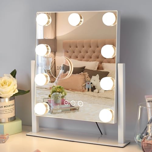 White 14.4" Lighted Vanity Mirror with 9 Dimmable Bulbs & 10x Magnification