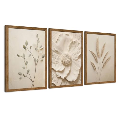 JLTULT Beige Floral Wall Art Set of 3 - 12x16 Inch Botanical Canvas Prints with Solid Wood Frames