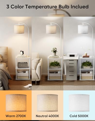 PARTPHONER White Floor Lamp with Table and Storage Shelves - Modern Nightstand with 3CCT LED Bulb
