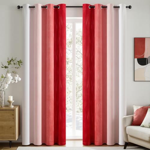 MIULEE 52W x 84L Ombre Blackout Curtains, Red & Greyish White, 2Pcs - 100% Darkening