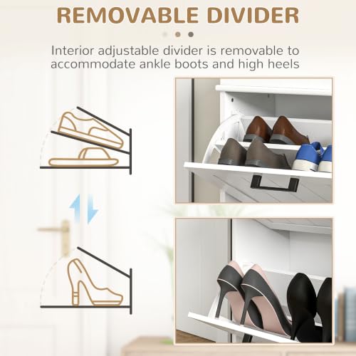 HOMCOM Narrow White Shoe Cabinet with 2 Flip Drawers - Entryway Storage