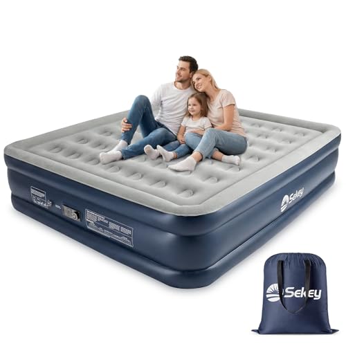 Sekey Grey King Size Air Mattress with Built-in High-Speed Pump - 20" Double High Inflatable Bed for Home, Camping & Guests