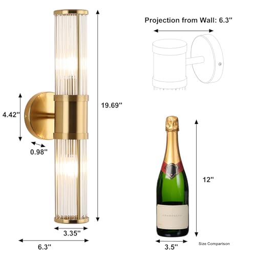 Brushed Brass Vanity Light Fixture 19.69 inch Wall Sconce with Dual Glass Rods - Bathroom Mirror Lighting