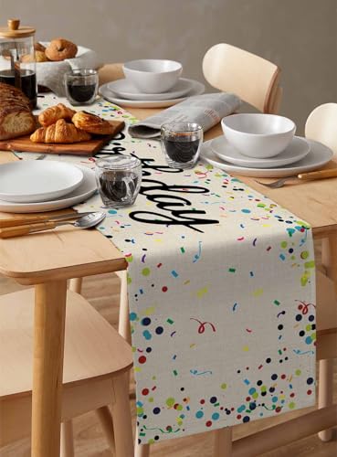 Ueplerts Happy Birthday Table Runner 13x36 Inches Beige Linen Polka Dot, 36in Long