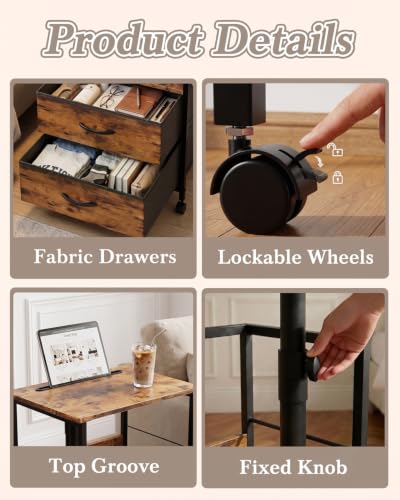 Faesun Nightstand with Charging Station & Swivel Top, 2 Drawers, Brown
