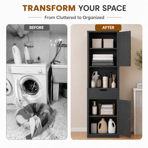 Tall Bathroom Storage Cabinet with 6 Adjustable Shelves - Black, 1 Drawer - Walsunny