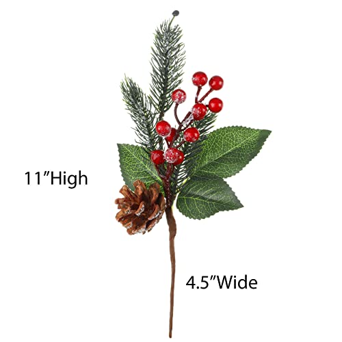 Boao 12 Pcs 11'' Large Christmas Pine Picks - Snowy Leaves, Holly Berries & Pine Cones