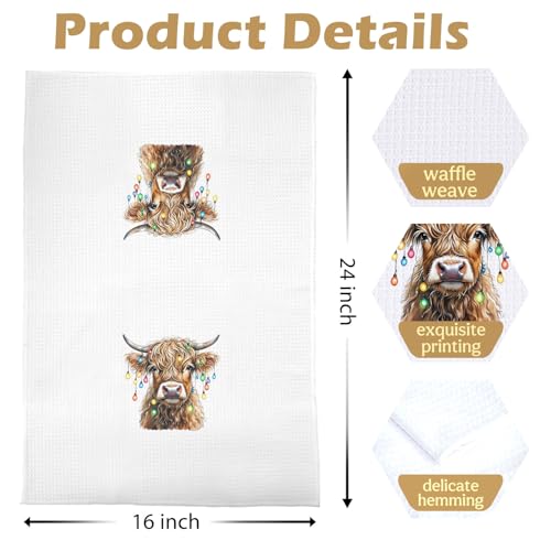 Highland Cow Christmas Towel - 16x24 In Waffle Dish Tea Kitchen Towel ( Highland Cow-05 )