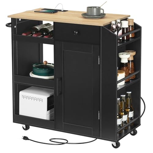 Kitchen Island Cart with Power Outlet and Storage - Black & Natural Finish