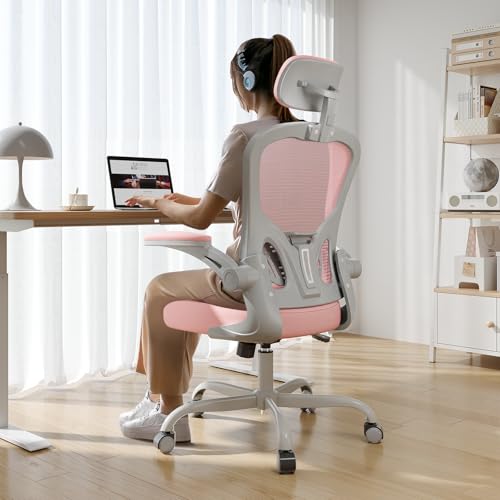 Synorla Pink & Grey Ergonomic Office Chair 330LBS Capacity Adjustable Mesh Desk Chair
