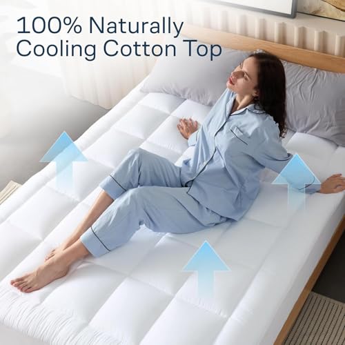 White Queen Mattress Pad with Pillow Top - 100% Cotton, Deep Pocket, Ultra-Soft Sleep Enhancer