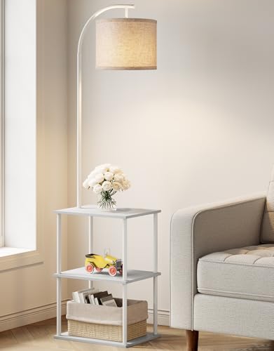 PARTPHONER White Floor Lamp with Table and Storage Shelves - Modern Nightstand with 3CCT LED Bulb