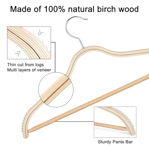 30-Pack Wooden Hangers with Non-Slip Rubber Grips and Pants Bar - Lightweight Clothes Hangers