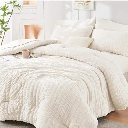 Oversized King Comforter Set Ivory Seersucker 7 Pieces All Season Bed in a Bag