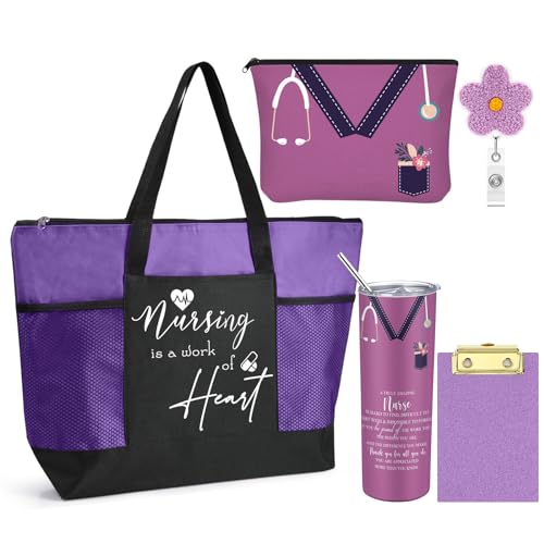 Willinglong Nurse Appreciation Gift Set - Purple, 5 Pcs with Tote, Tumbler, Canvas Bag & Badge Reel